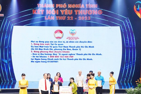Ông Phan Đình Tuệ - Thành viên HĐQT Sacombank trao biểu trưng ủng hộ 1 tỷ đồng vào quỹ “Vì người nghèo” của TP.HCM cho bà Trần Kim Yến – Chủ tịch Ủy ban MTTQ Việt Nam TP.HCM