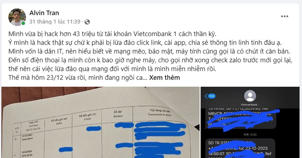 Bài viết gây nóng mạng xã hội về việc tài khoản Vietcombank bị "hack" mất hơn 43 triệu đồng. Ảnh chụp màn hình.